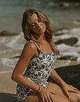 Modest Floral Black and White One Piece Swimsuit with Shorts