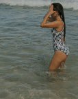 Modest White and Black Floral One Piece Swimsuit