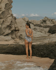 Full Coverage Black and White Open Back One piece Swimsuit