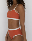 Coral High Waisted Bottoms | Ribbed Swim Bottoms with White Trim