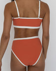 Coral High Waisted Bottoms | Ribbed Swim Bottoms with White Trim