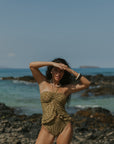 Full Coverage olive green floral halter top modest bikini