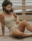 Cropped bikini top checkered pattern olive green trendy cute swimsuit