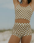 trendy checkered olive green and white swim shorts for women modest comfortable