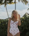Full coverage white toile printed underwire tankini