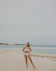 White and Navy Floral Strapless Bikini Top