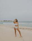 White Floral Stretchy Strapless Modest White Floral Bikini Set