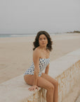 Strapless White and Navy Floral Full Coverage Bikini Top
