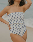 White and Navy Floral Strapless Modest Bikini Top