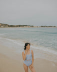 Sky Blue Full Coverage One Piece Swimsuit with Diamond Cut Outs
