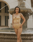 Yellow Floral Modest Bikini Top with Keyhole