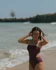 Burgundy One Piece Swimsuit with White Trim