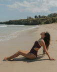 One Piece Swimsuit with White Trim and side cutouts