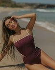 Burgundy Floral One Piece Swimsuit with White Trim