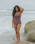 Cute Full Coverage Mauve Tankini with Boy Shorts