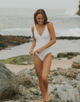Modest White and Gray Floral with Tying Straps One Piece Swimsuit