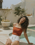 Full Coverage Rust Orange Bikini Top with High Waisted Neutral Bikini Bottoms