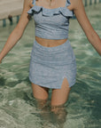 Feminine Blue and White Floral Feminine Ruffled Sleeve Bikini Set Full Coverage Swim Skirt