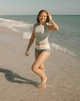 High waisted swim bottoms.