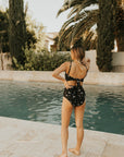 Black Floral High waisted modest bikini bottoms.