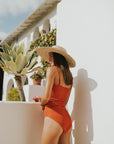 Dark orange swimsuit textured women's high-waisted bikini bottoms