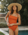 textured modest orange bikini set strapless swimsuit