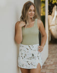 womens high waisted swim skirt patterned floral white swim skirt paired with one piece