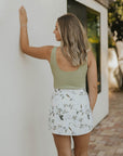 womens high waisted swim skirt patterned floral white swim skirt paired with one piece