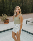 womens high waisted swim skirt patterned floral white swim skirt paired with one piece