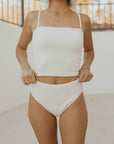 Modest white bikini bottoms