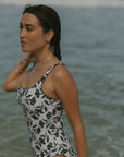 White and Black Floral Cute One Piece Swimsuit