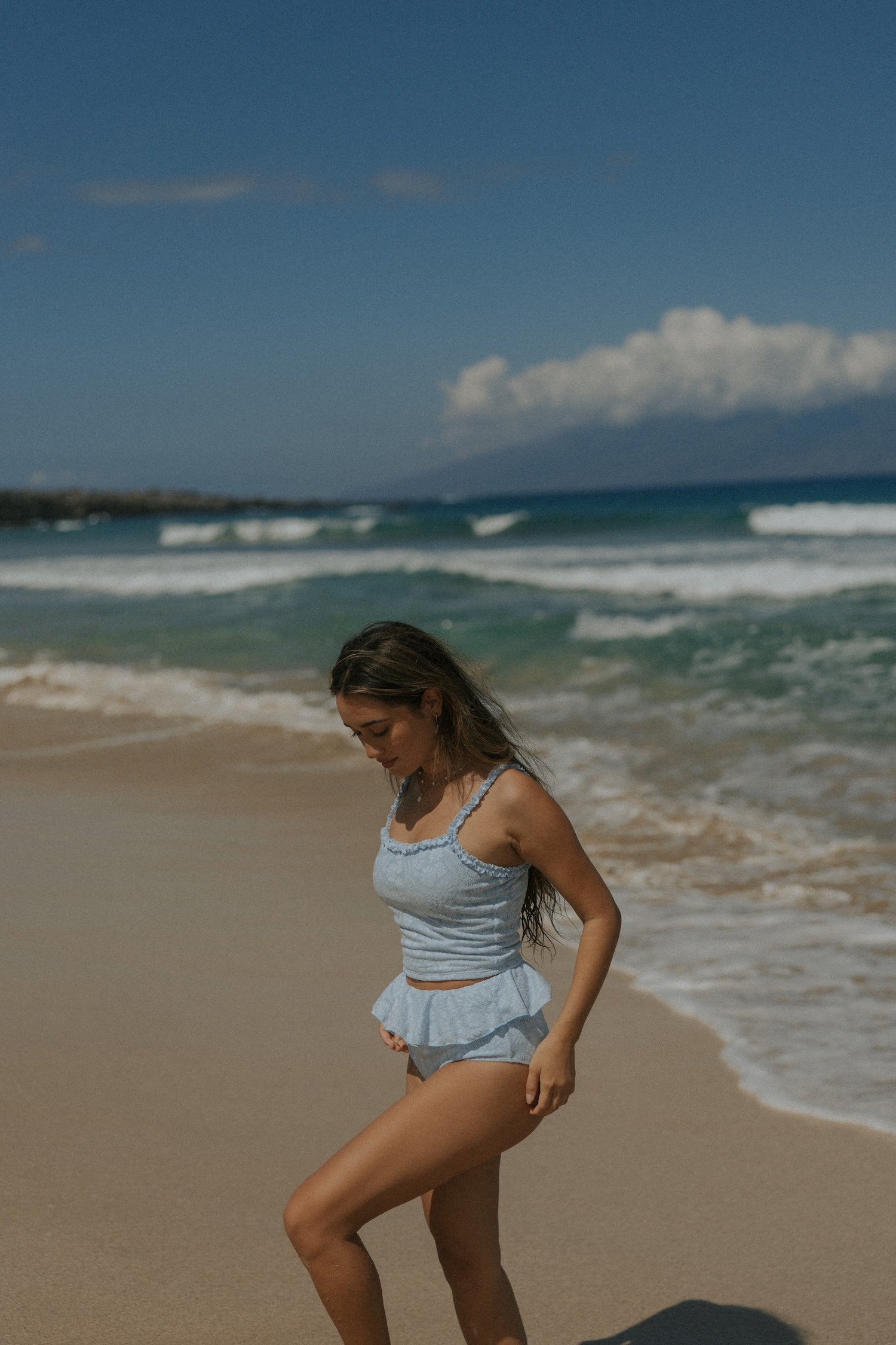 Floral Textured Blue Tankini Top
