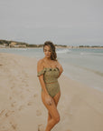 Off the shoulder green floral modest swimsuit