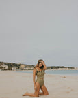 Ruffled modest green full coverage bathing suit