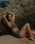 Full coverage one shoulder houndstooth bikini with high waisted boy shorts