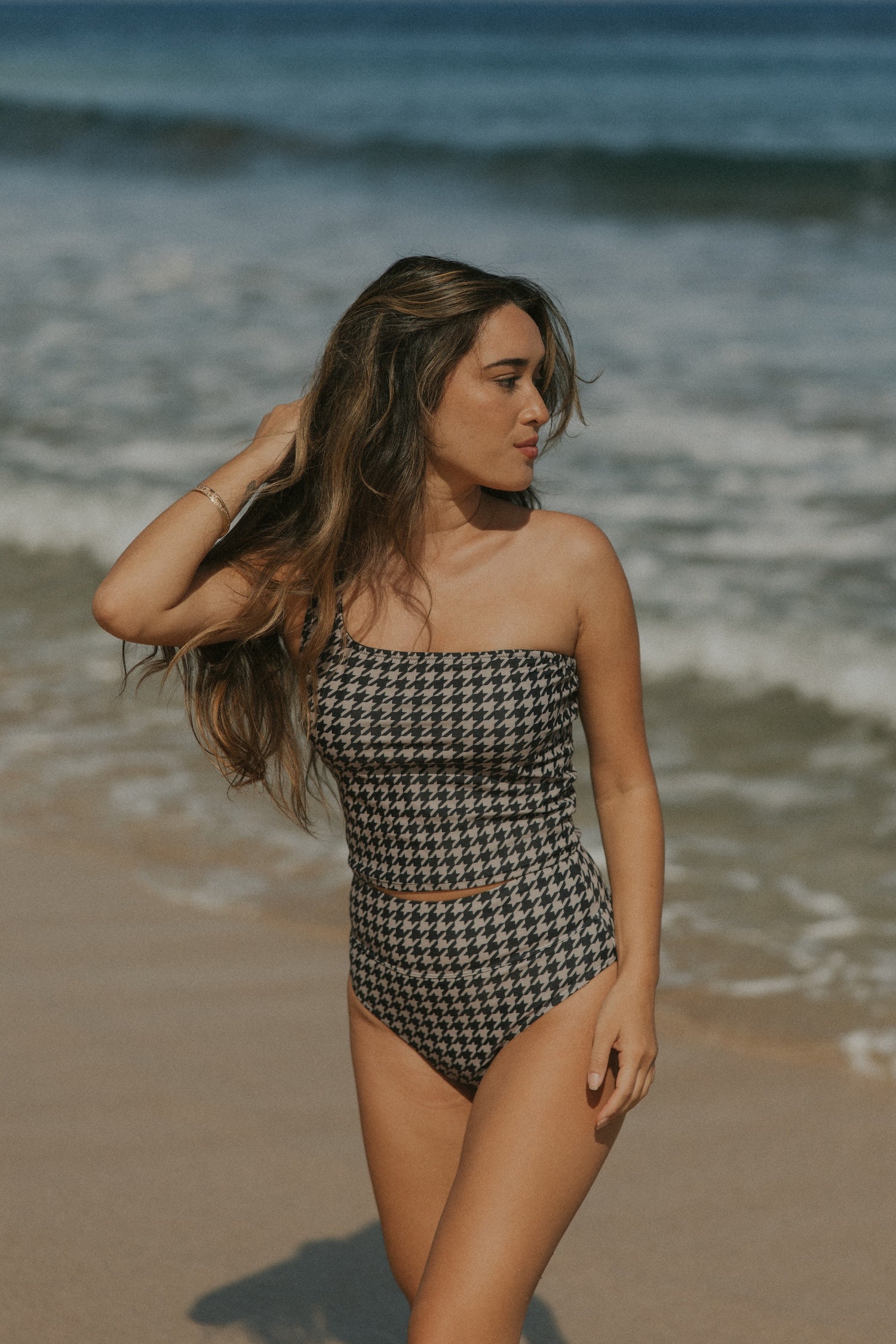 Houndstooth Modest one shoulder high waisted tankini 
