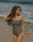 Houndstooth Modest one shoulder high waisted tankini 