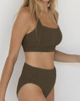 Cabo High Waisted Bottoms | Brown Crinkle Textured Swim Bottoms