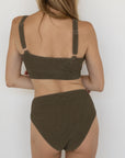 Cabo High Waisted Bottoms | Brown Crinkle Textured Swim Bottoms