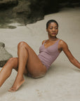 Cute Full Coverage Purple Swimsuit with V Neck
