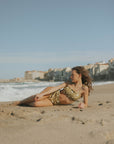 Olive green sun and moon printed seamless modest bikini set