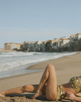 Sun and moon print olive colored full coverage bikini bottoms