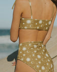 Olive green with sun and moon print modest bikini set