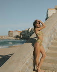 Olive green full coverage bikini set with tying straps