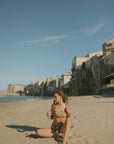 Sun and moon print olive green bikini top with tying straps