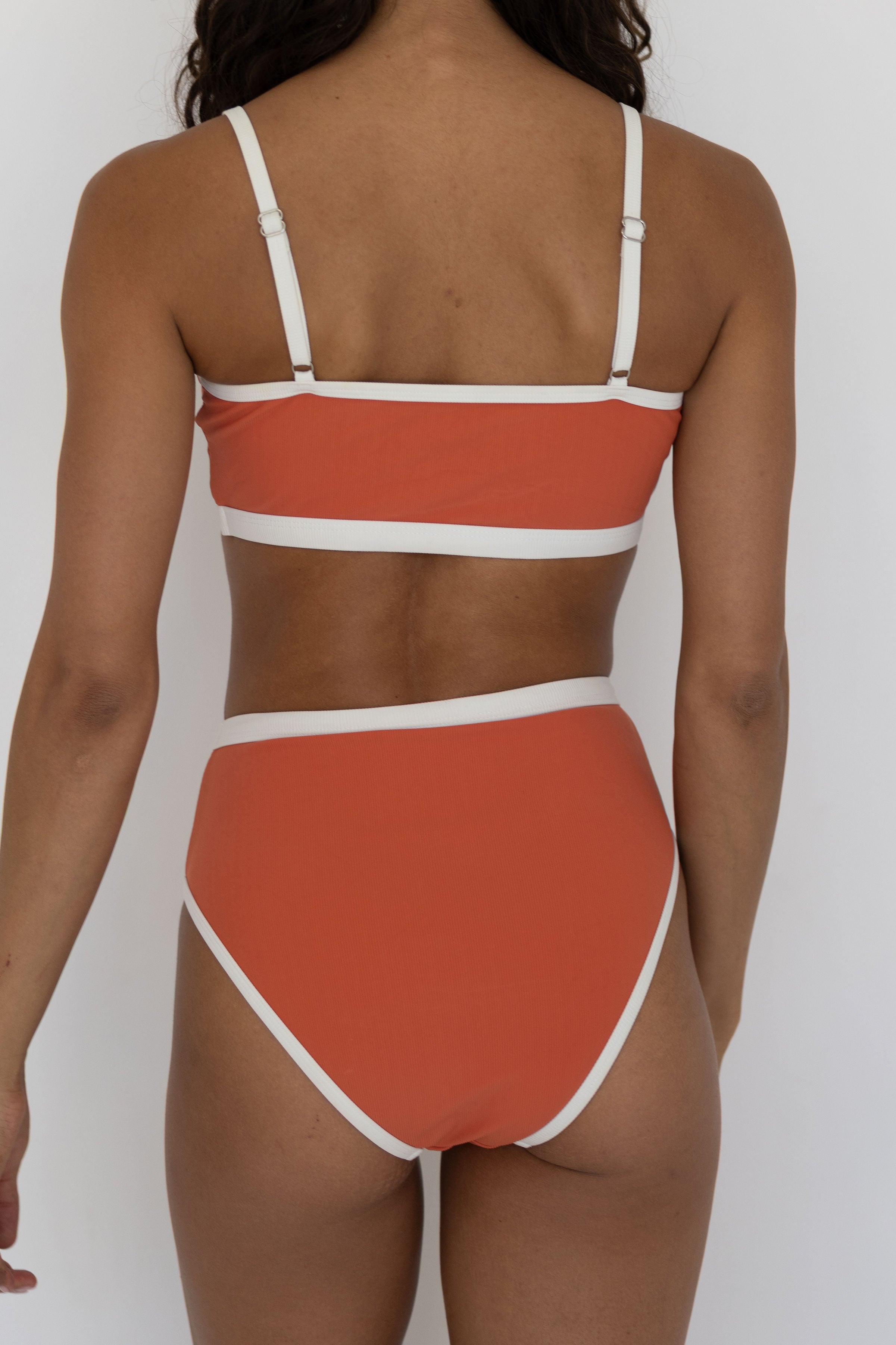 Coral High Waisted Bottoms | Ribbed Swim Bottoms with White Trim
