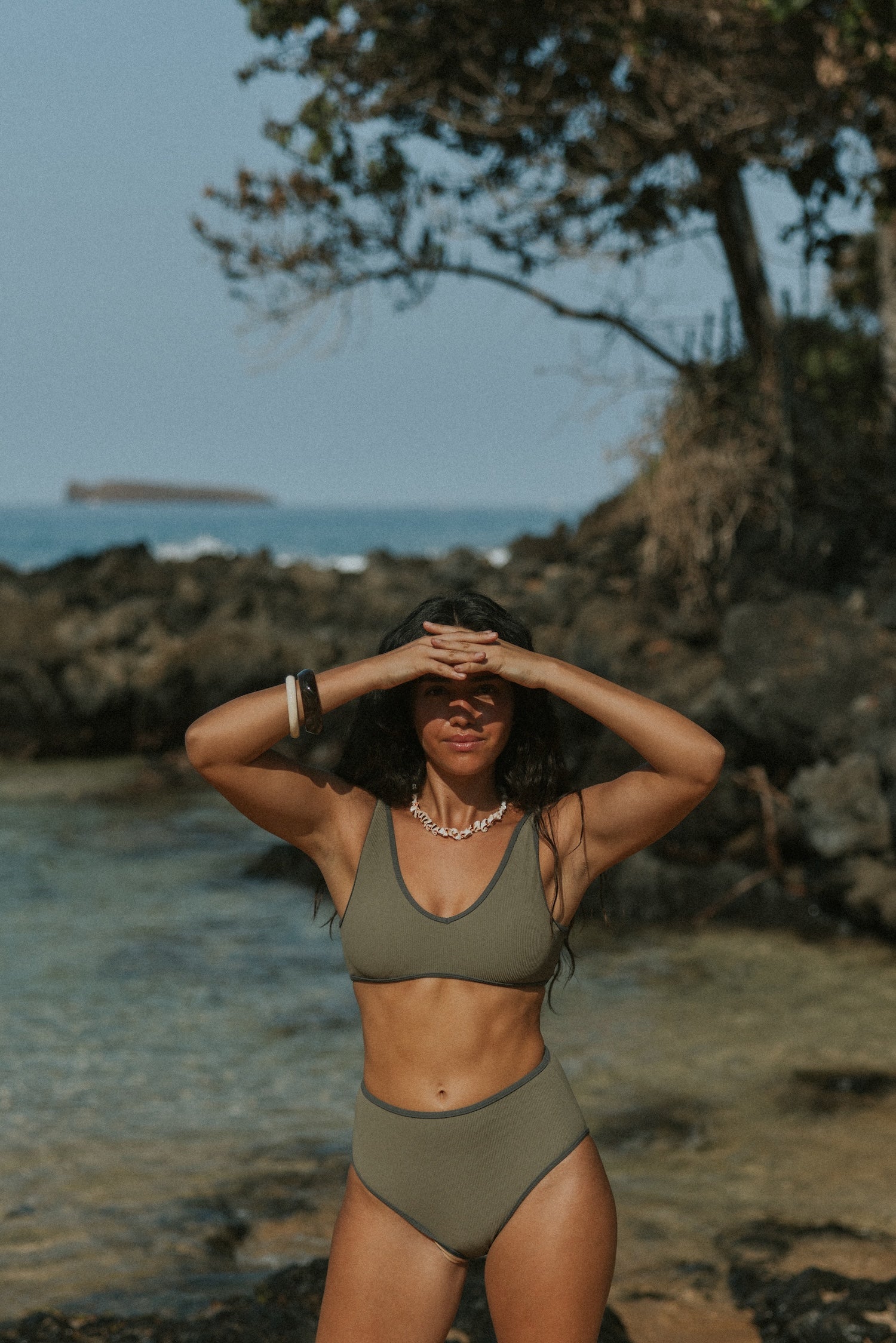 Dark Green V neck High waisted Bikini