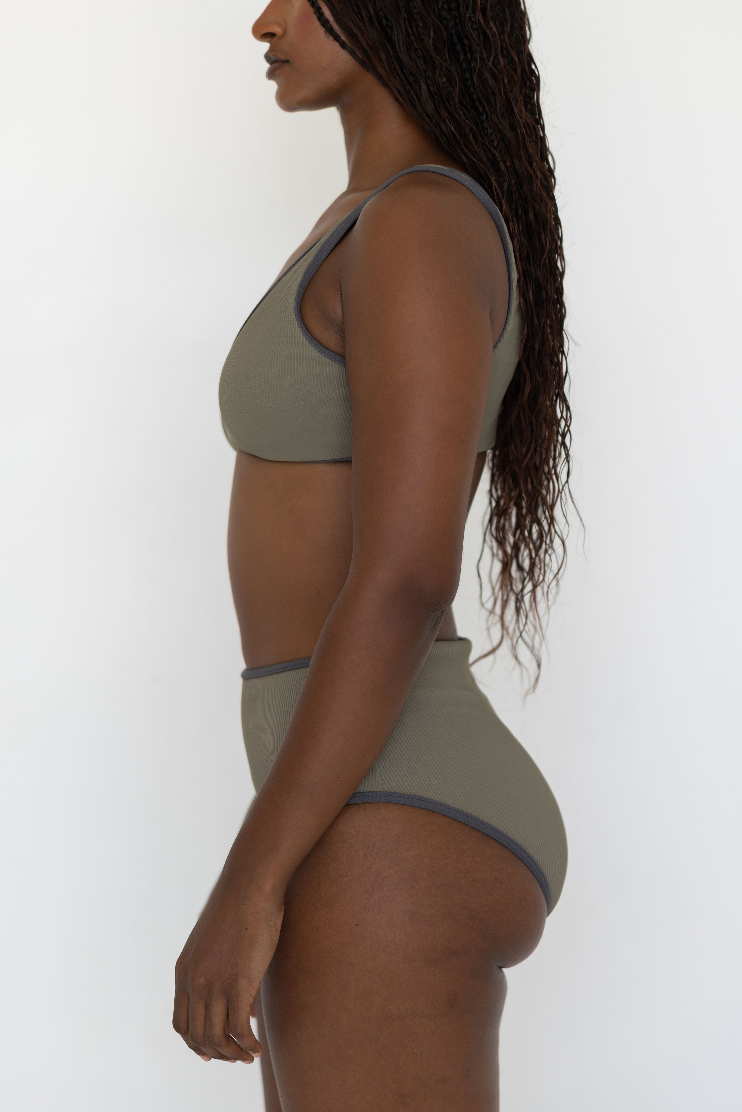 Haze Bikini Top | Ribbed Olive Green V Neck Swim Top