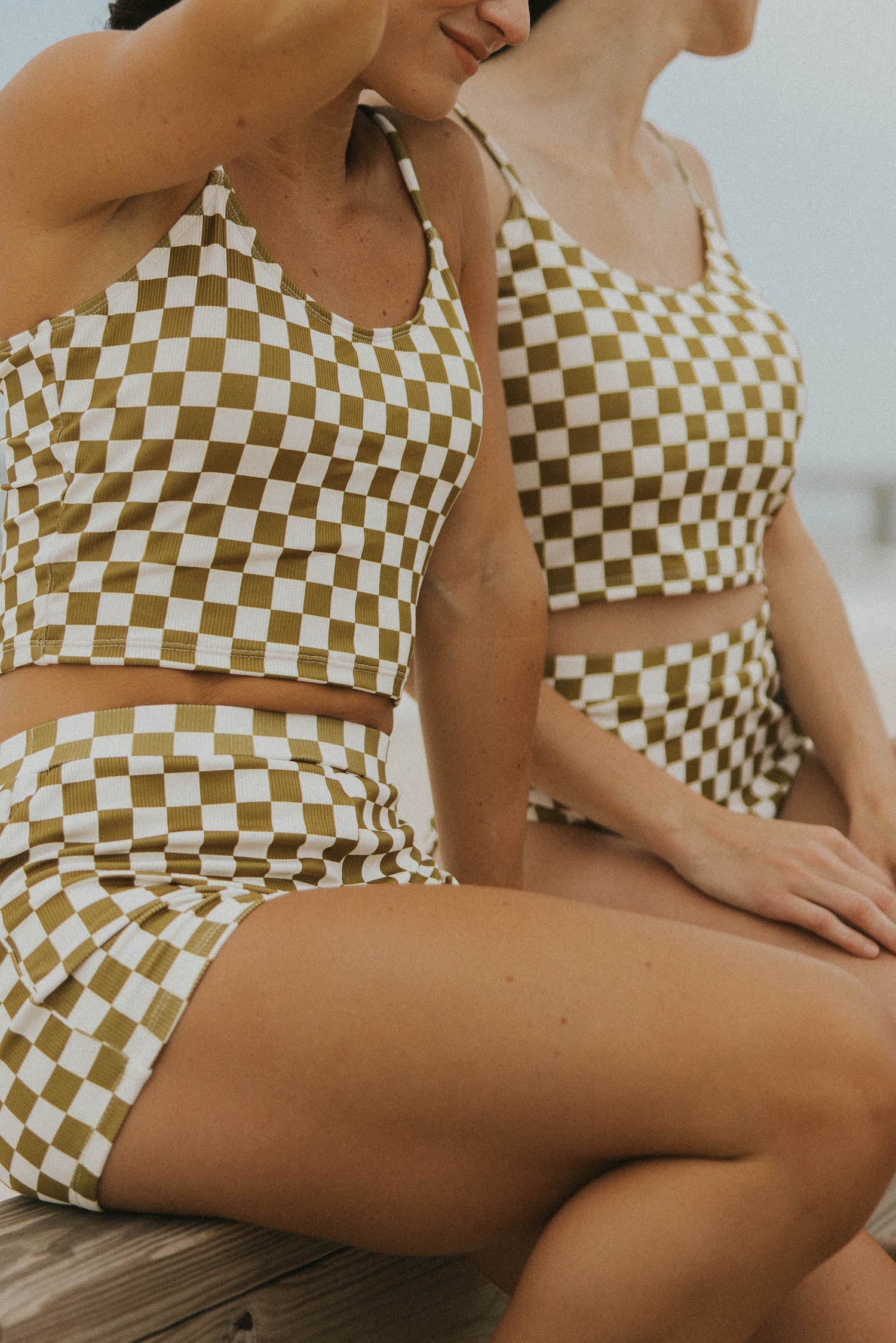 olive green and white checkered tankini top modest womens swimwear