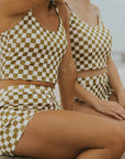 olive green and white checkered tankini top modest womens swimwear